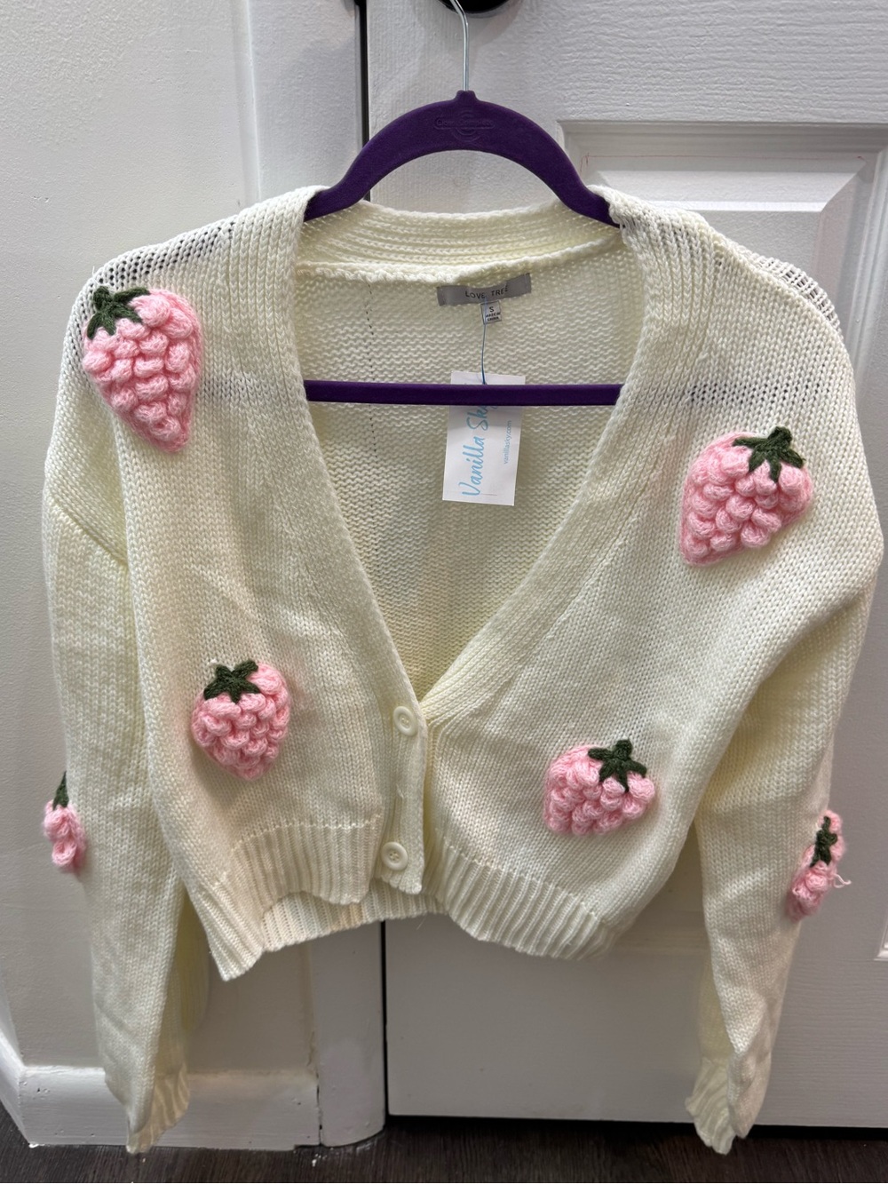 Cream Cropped Cardigan with Pink Strawberry Appliqués